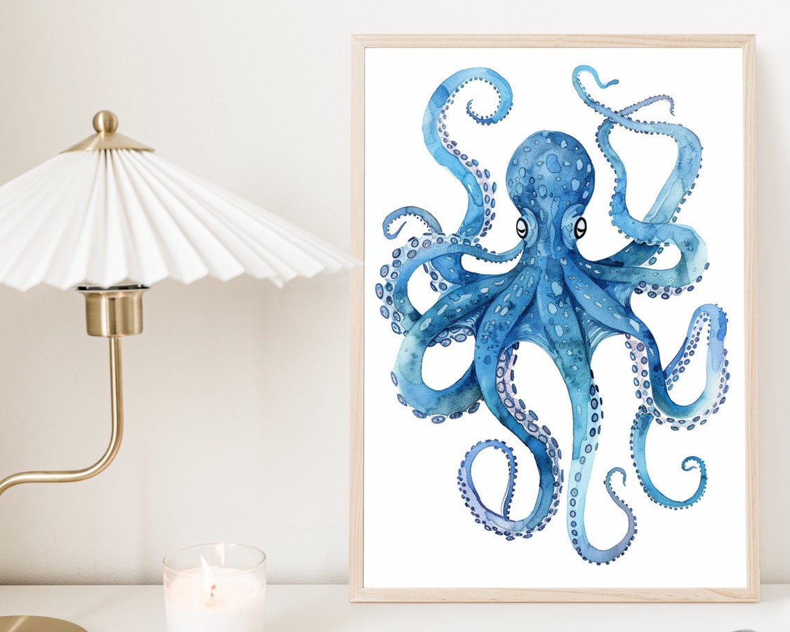 Blue Octopus Watercolor Tentacles Ocean Sea Animal Wall Poster Print - Image 3