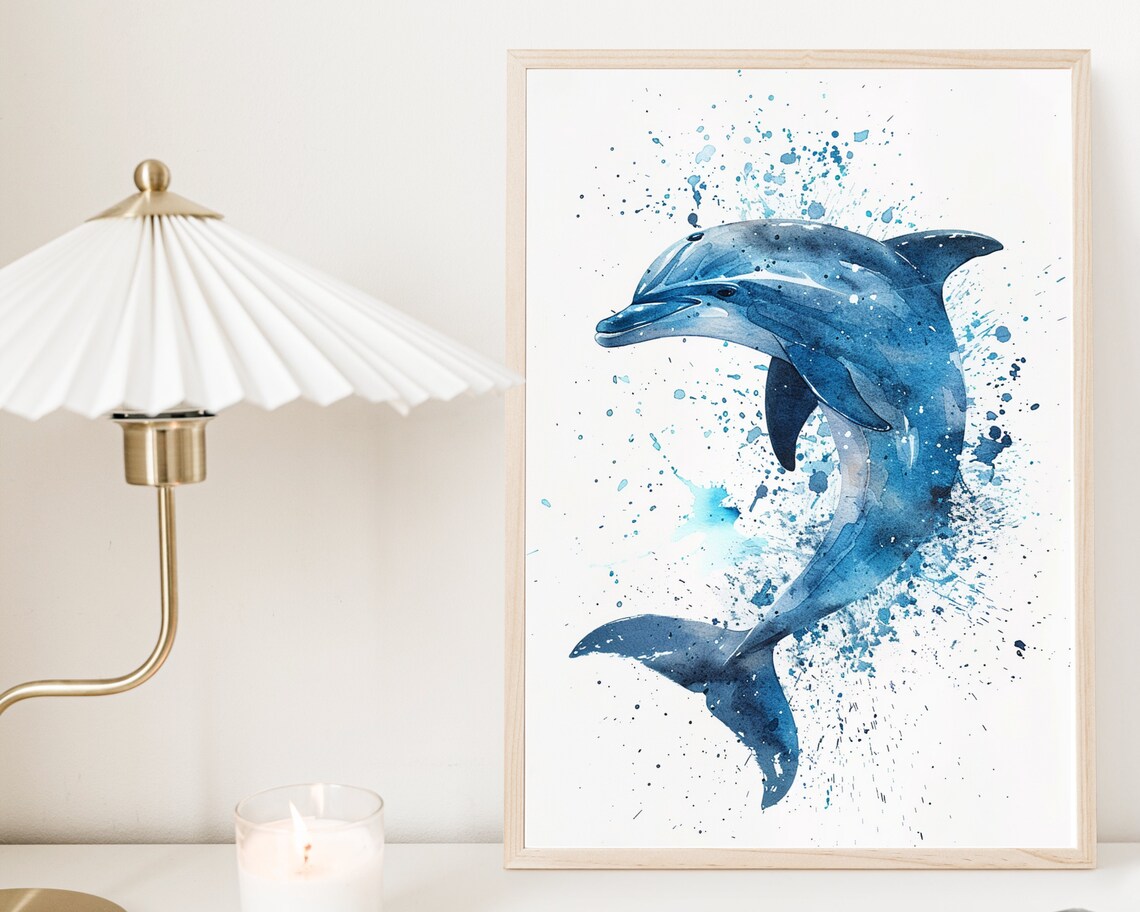 Blue Dolphin Watercolor Splash Art Ocean Sea Animal Wall Poster Print - Image 3