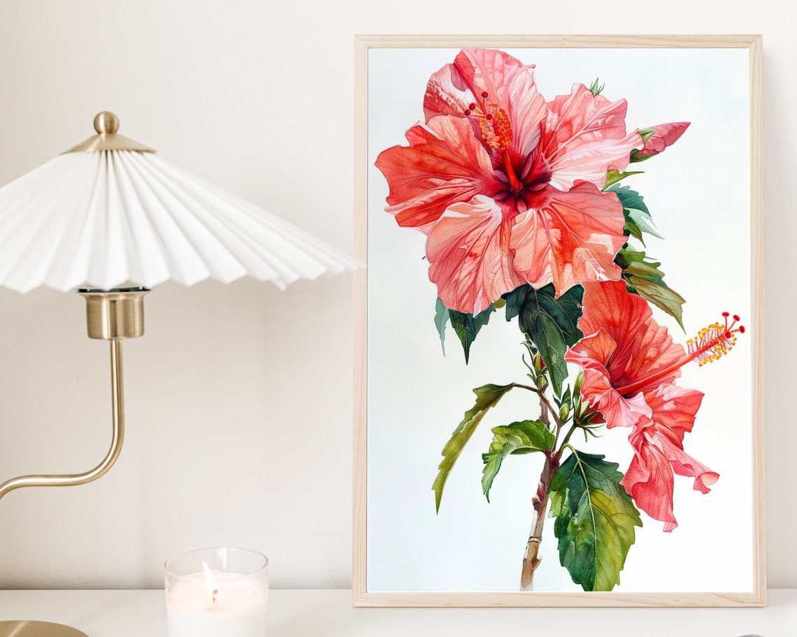 Red Hibiscus Flower Branch Watercolor Botanical Tropical Wall Poster - Image 3