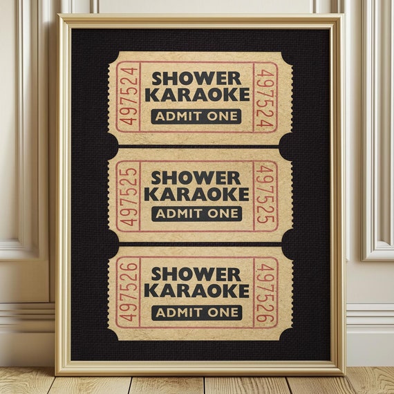 Funny Shower Karaoke Ticket Stub Print Retro Bathroom Black Cream Aesthetic Shower Singing Wall Art Vintage Trendy Decor