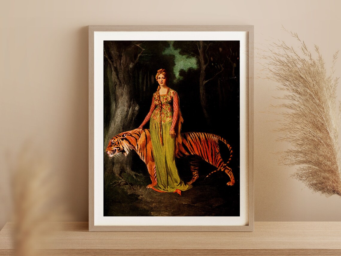 Vintage Woman Walking With Tiger, Retro Art Print - Image 3