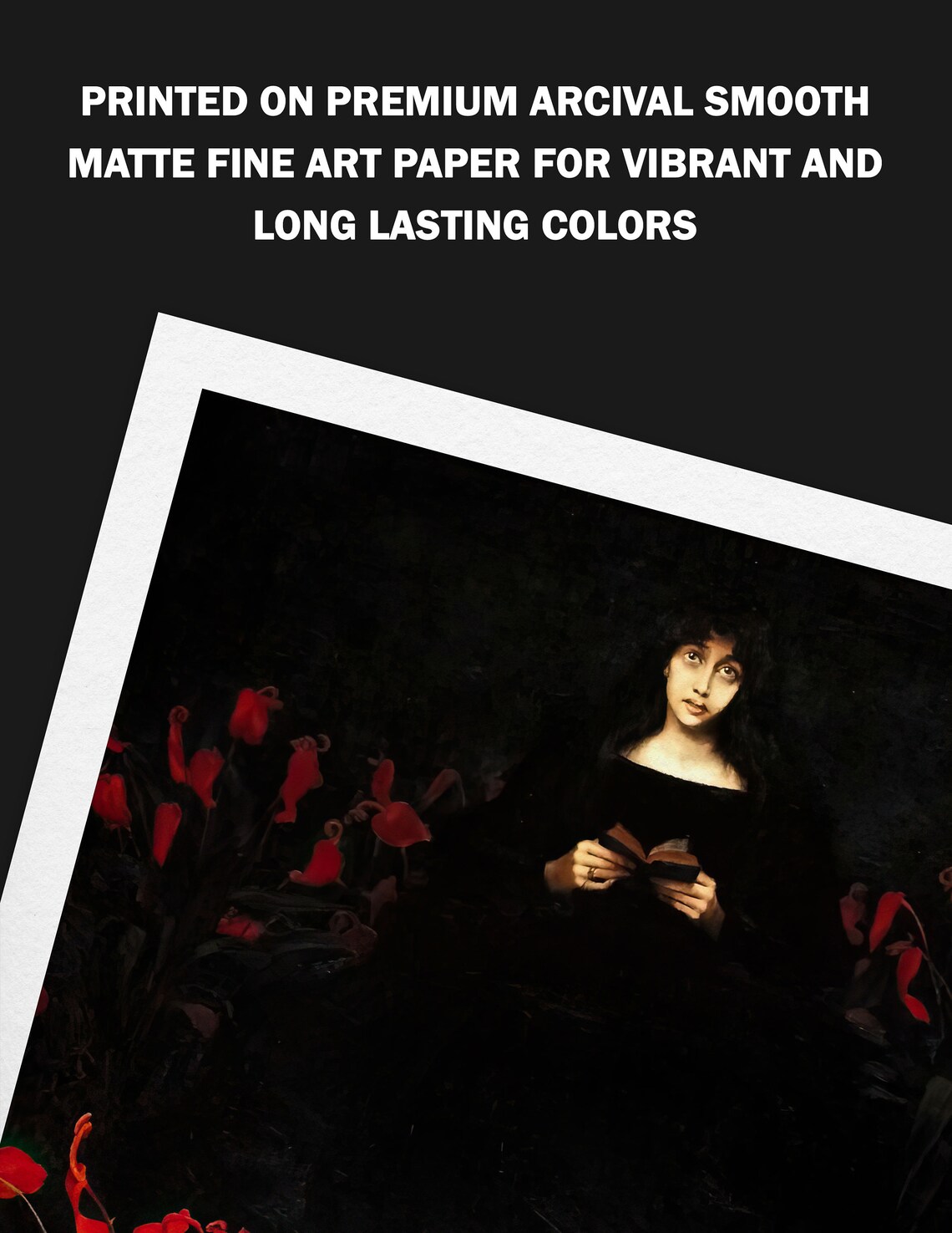 Woman With a Book Among Glowing Red Flowers Dark Gothic Poster - Image 3