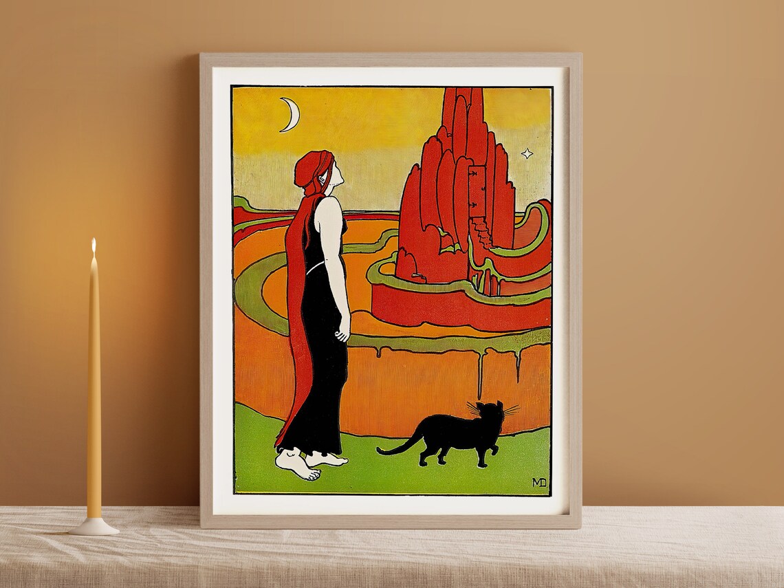 Vintage Woman and Black Cat Under the Moon Art Print