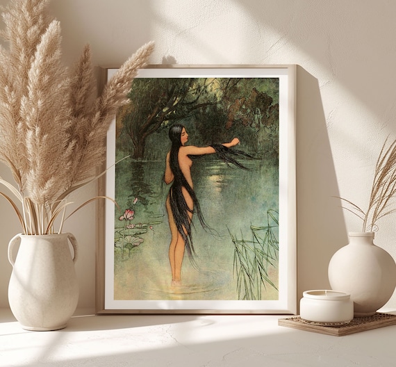 Woman With Long Black Hair Wading in a Moonlit Lily Pond Poster