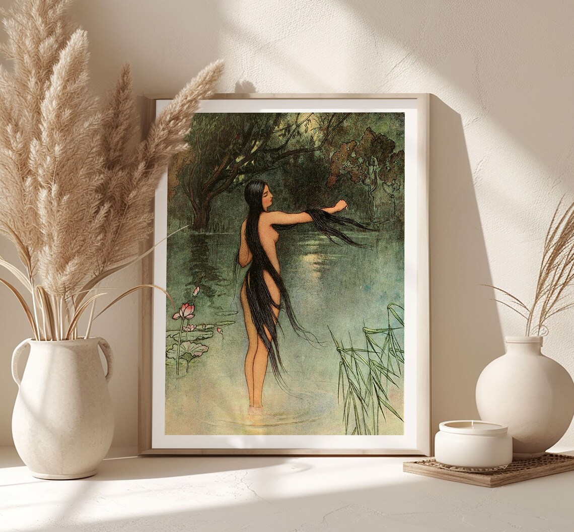 Woman With Long Black Hair Wading in a Moonlit Lily Pond Poster