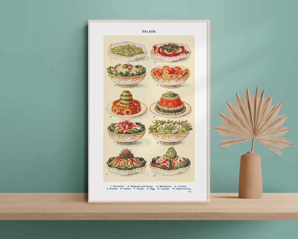 Vintage Salad Chart With Ten Illustrated Classic Bowls Kitchen Poster