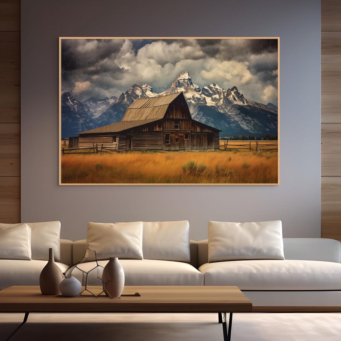 Rustic Wooden Barn with Snowy Mountain Backdrop Landscape Poster