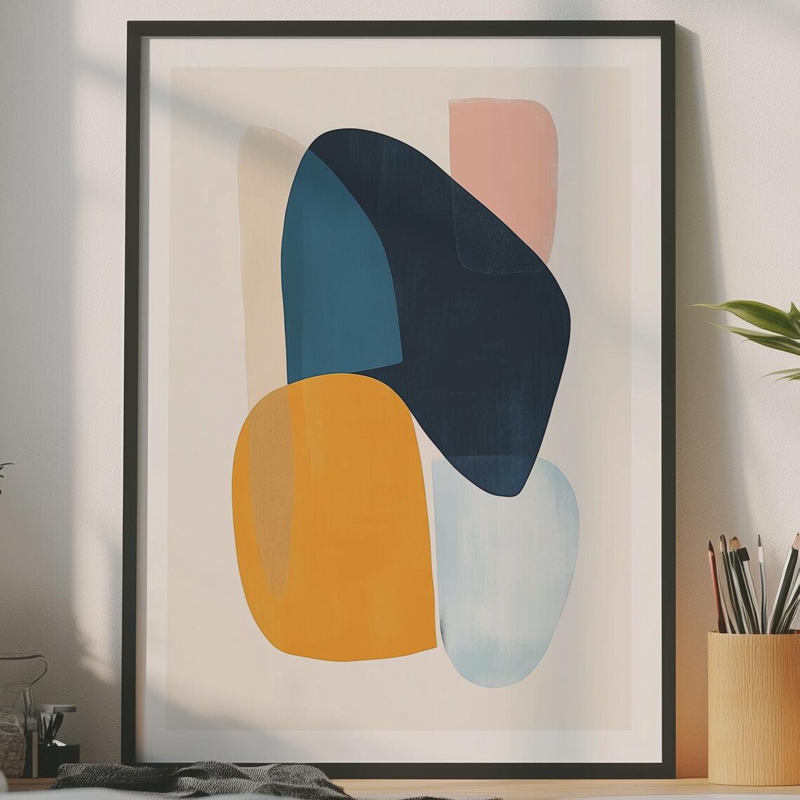 Pastel Abstract Shapes Navy Teal Mustard Blush Minimalist Poster