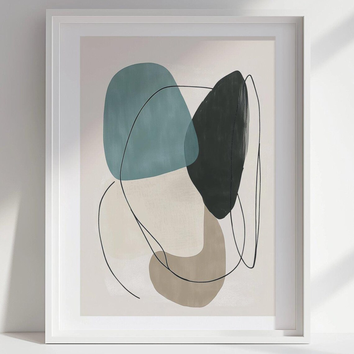 Teal Black and Taupe Organic Shapes Minimalist Line Abstract Poster