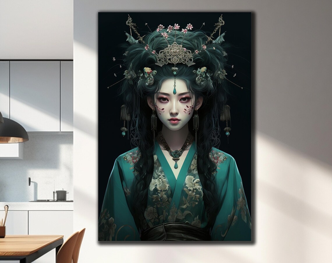 Teal Kimono Geisha Portrait Ornate Hair Dark Elegant Art Wall Poster