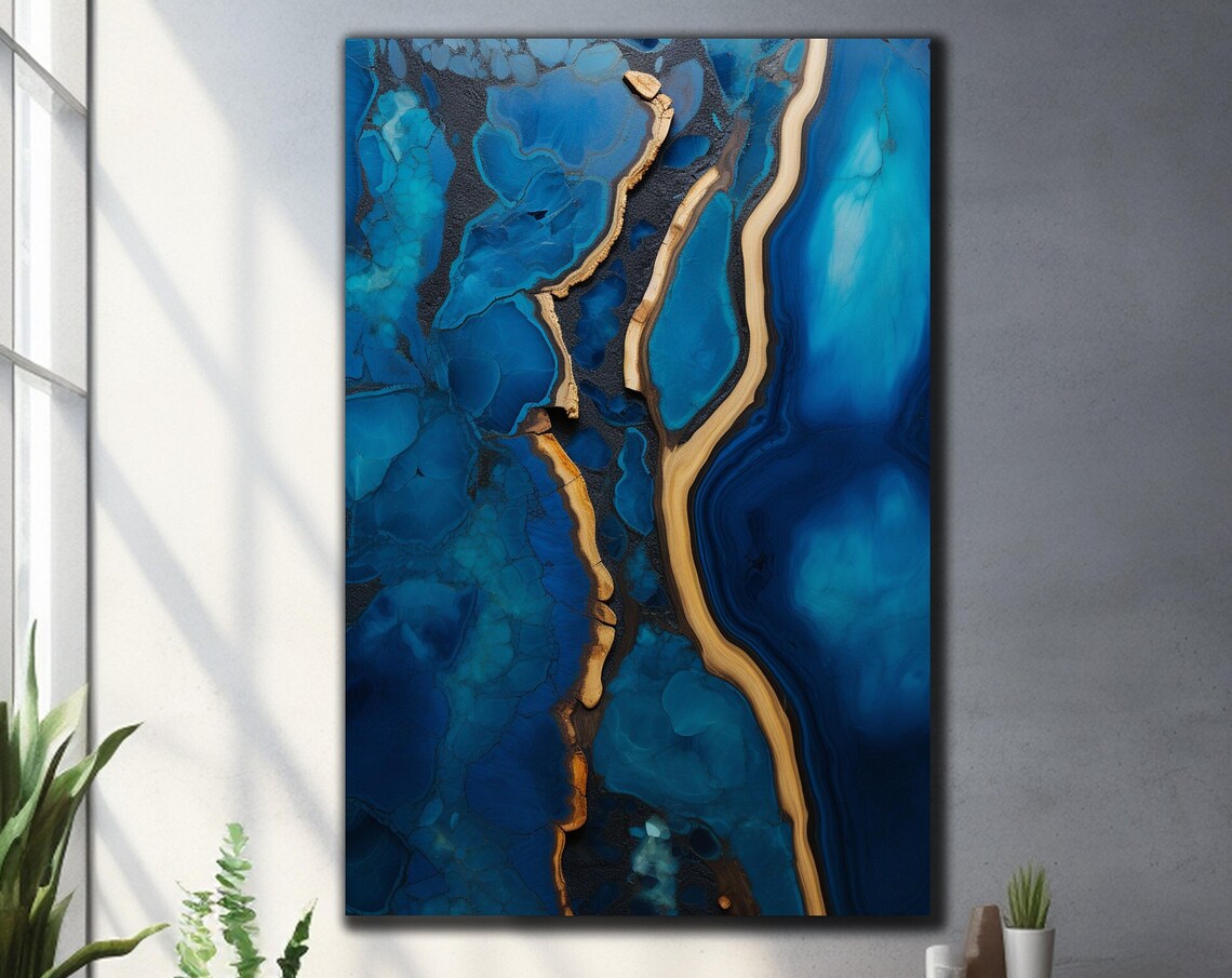 Blue and Gold Epoxy Resin River Art Luxury Abstract Wall Decor Poster
