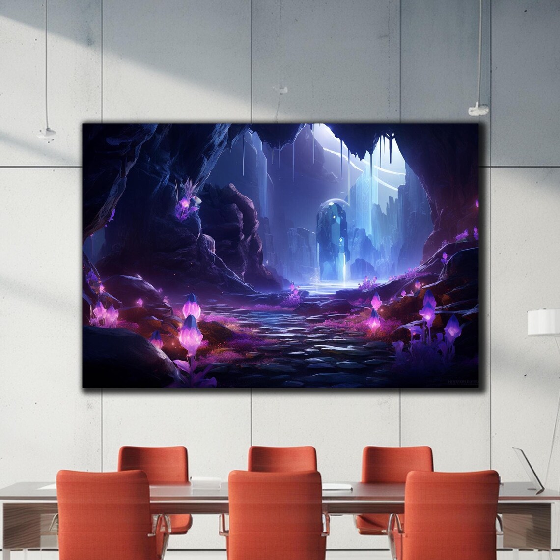 Purple Crystal Cave Glowing Waterfall Pink Blooms Fantasy Art Print