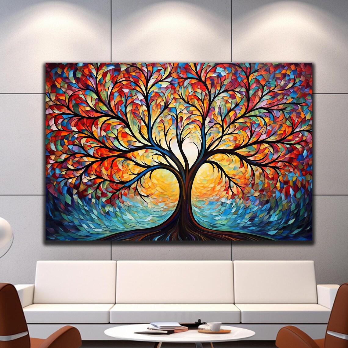 Fiery Tree of Life Mosaic Colorful Stained Glass Canopy Wall Art