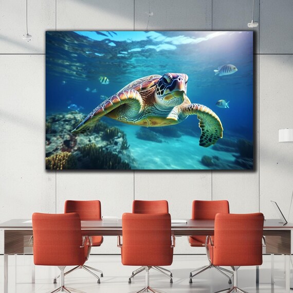 Sea Turtle Gliding Over Coral Reef Fish Turquoise Ocean Wall Art