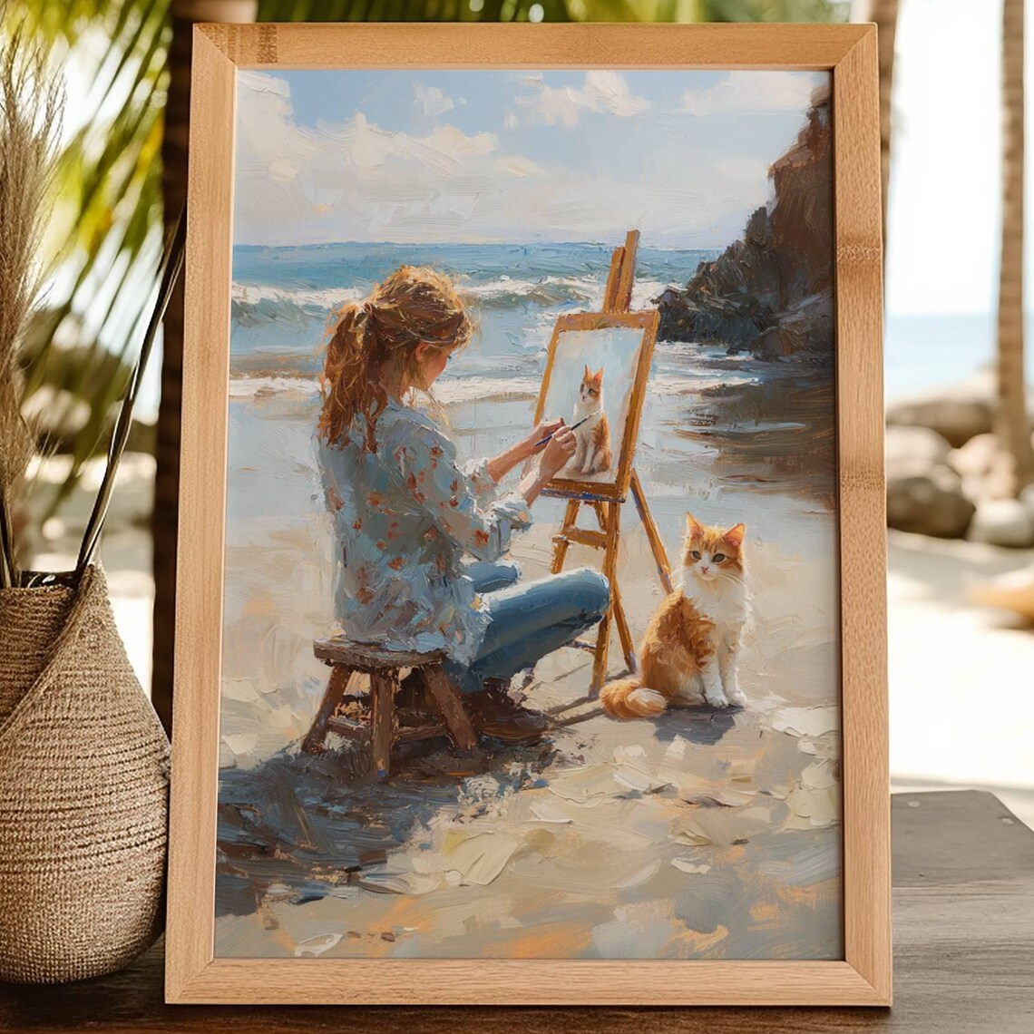 Woman Painting a Ginger Cat on a Sunny Beach Plein Air Art Poster
