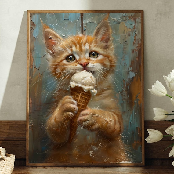 Orange Tabby Kitten Licking Ice Cream Cone Cute Kitten Portrait Poster
