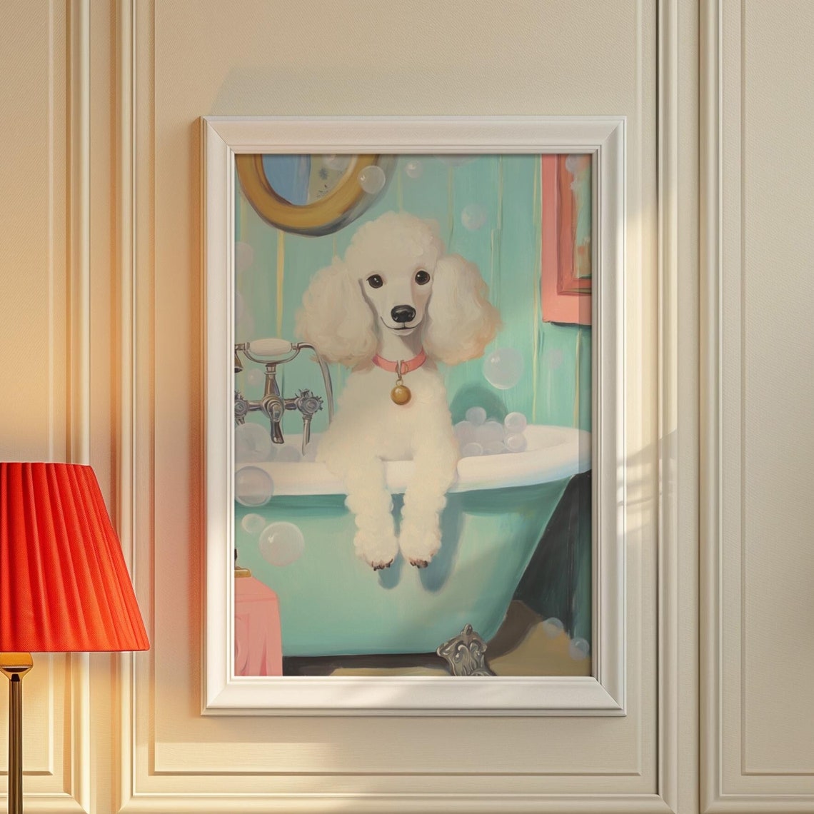 White Poodle Soaking in a Bubble Bath Cute Dog Bathroom Poster - Image 3