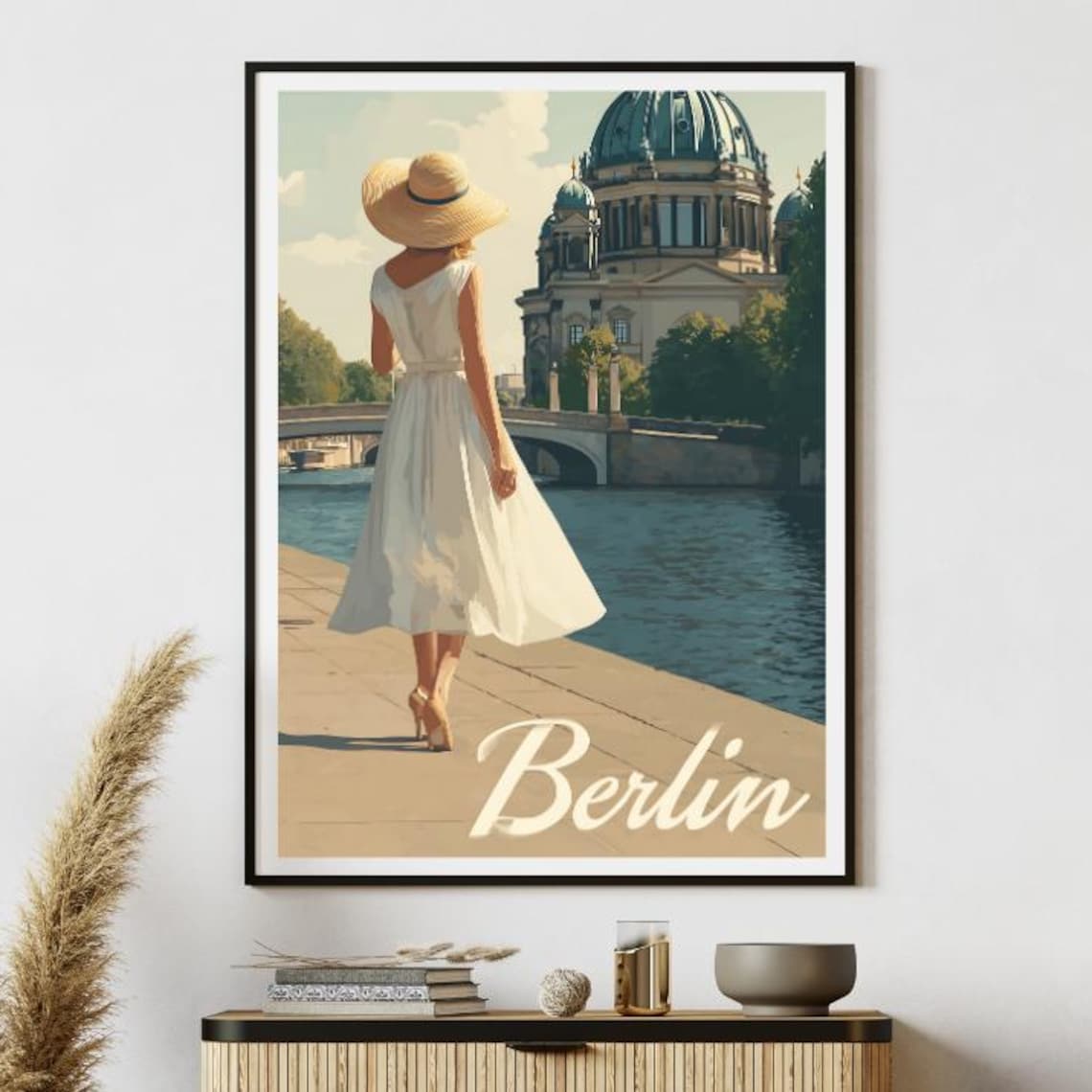 Berlin Cathedral Vintage Travel Style Woman White Dress Riverside Poster