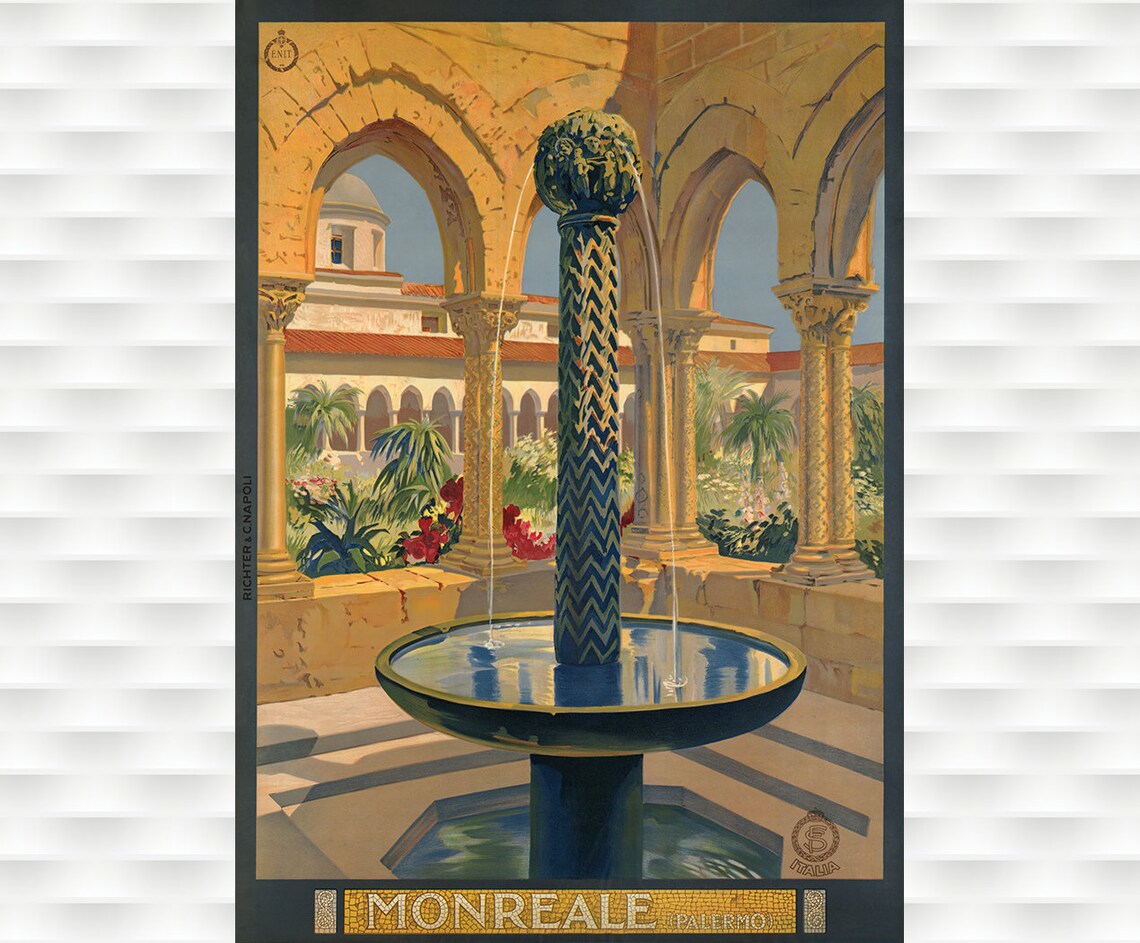 Monreale Palermo Sicily Historic Fountain Cloister Travel Poster