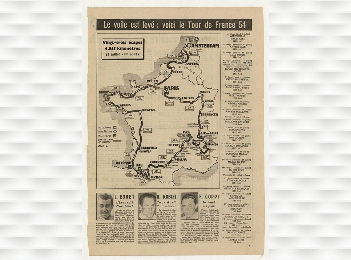Tour de France 1954 Route Map Bobet Coppi Koblet Newspaper Poster