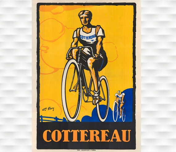 Cottereau Racing Cyclist Yellow French Vintage Bicycle Poster