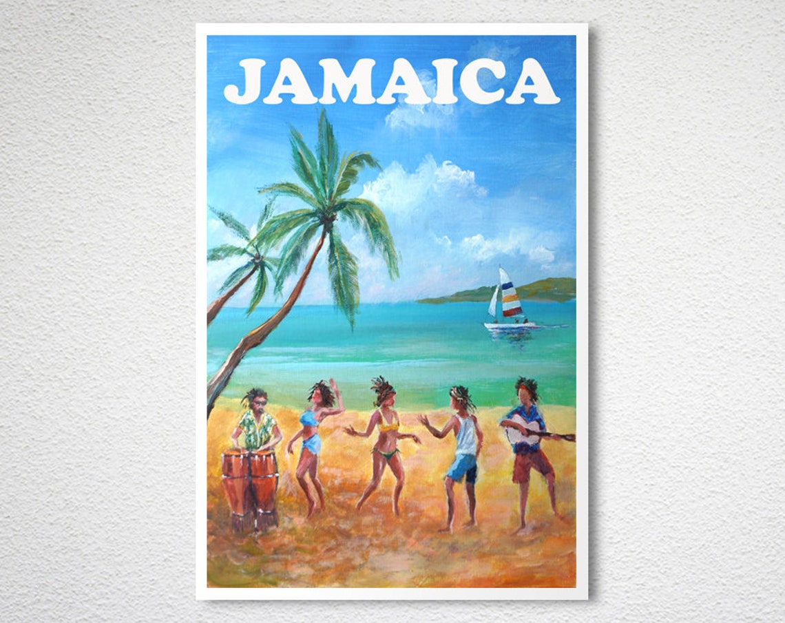Jamaica Beach Dancers Sailboat Tropical Sunshine Travel Poster - Image 2