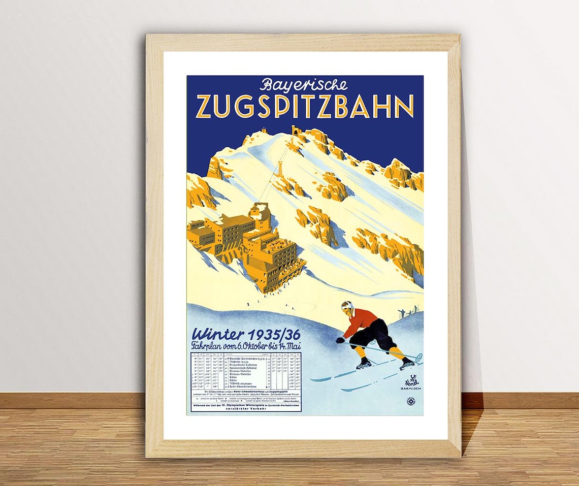 Bayerische Zugspitzbahn Germany Vintage Ski Travel Poster