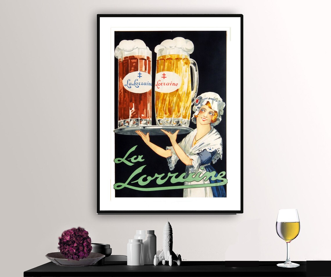 La Lorraine Beer Vintage French Barmaid Giant Mugs Brew Poster