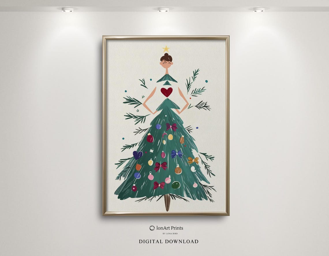 Whimsical Christmas Tree Dress Woman Illustration Holiday Print
