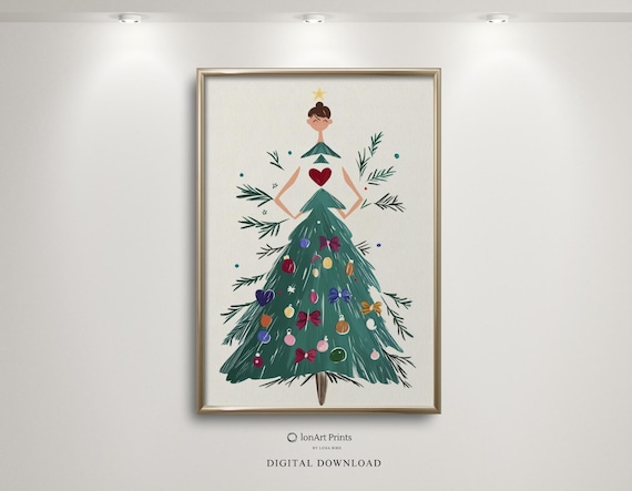 Whimsical Christmas Tree Dress Woman Illustration Holiday Print