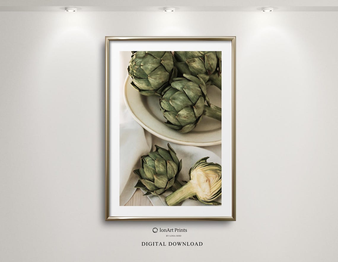 Green Artichokes On White Plate Rustic Kitchen Photography Art Poster