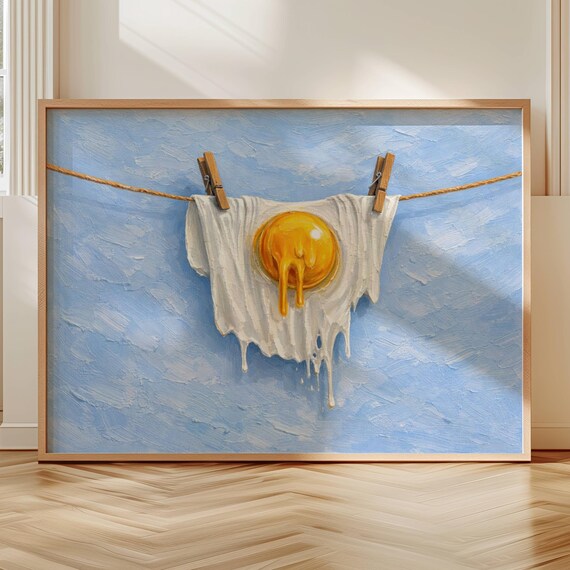 Fried Egg Oil Painting Print Horizontal Retro Hand Drawn Pastel Blue Impasto Kitchen Wall Art Minimalist Surreal Food Illustration Poster