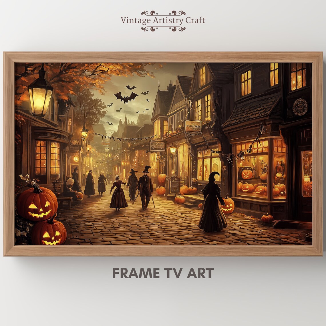 Halloween Street Witches Jack O Lanterns Vintage Town Poster