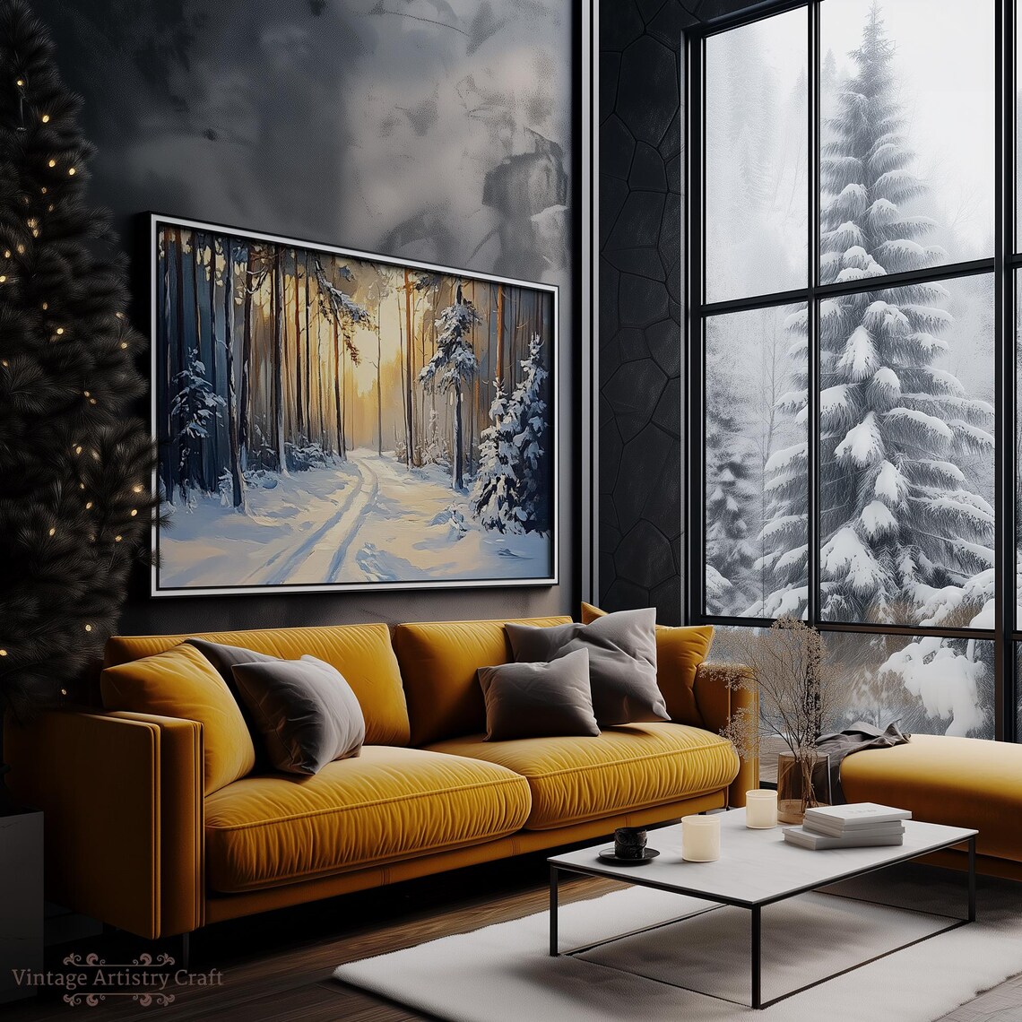 Sunlit Snowy Forest Path Golden Winter Trees Landscape Painting Poster - Image 3