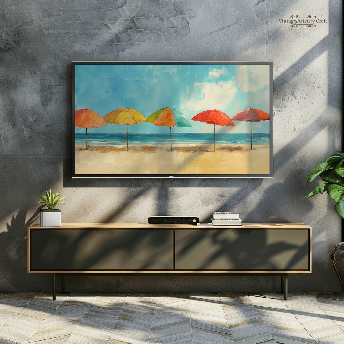 Colorful Beach Umbrellas Sandy Shore Summer Coastal Painting Poster - Image 3