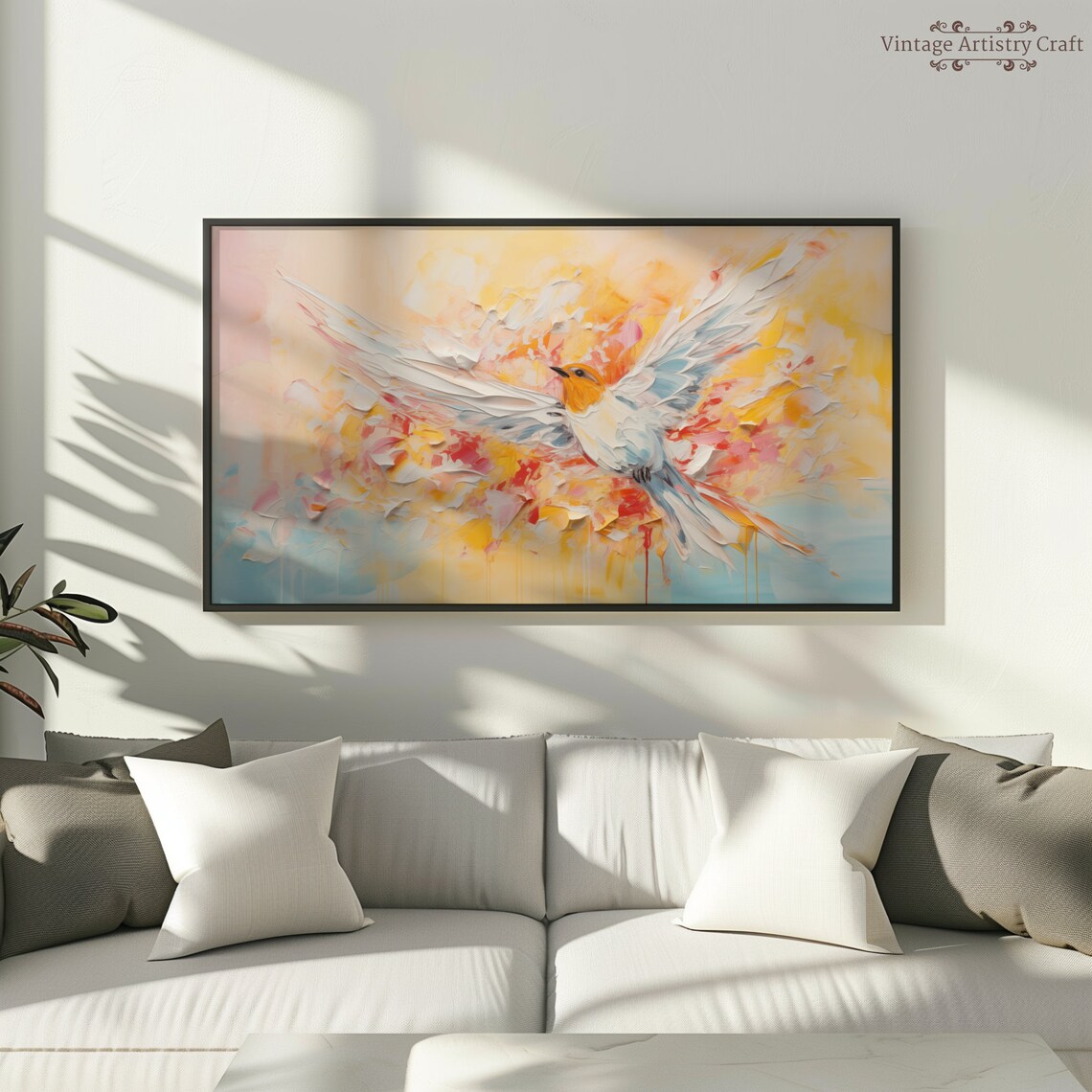 Flying Songbird in Pastel Sunrise Abstract Textured Bird Painting Poster - Image 6