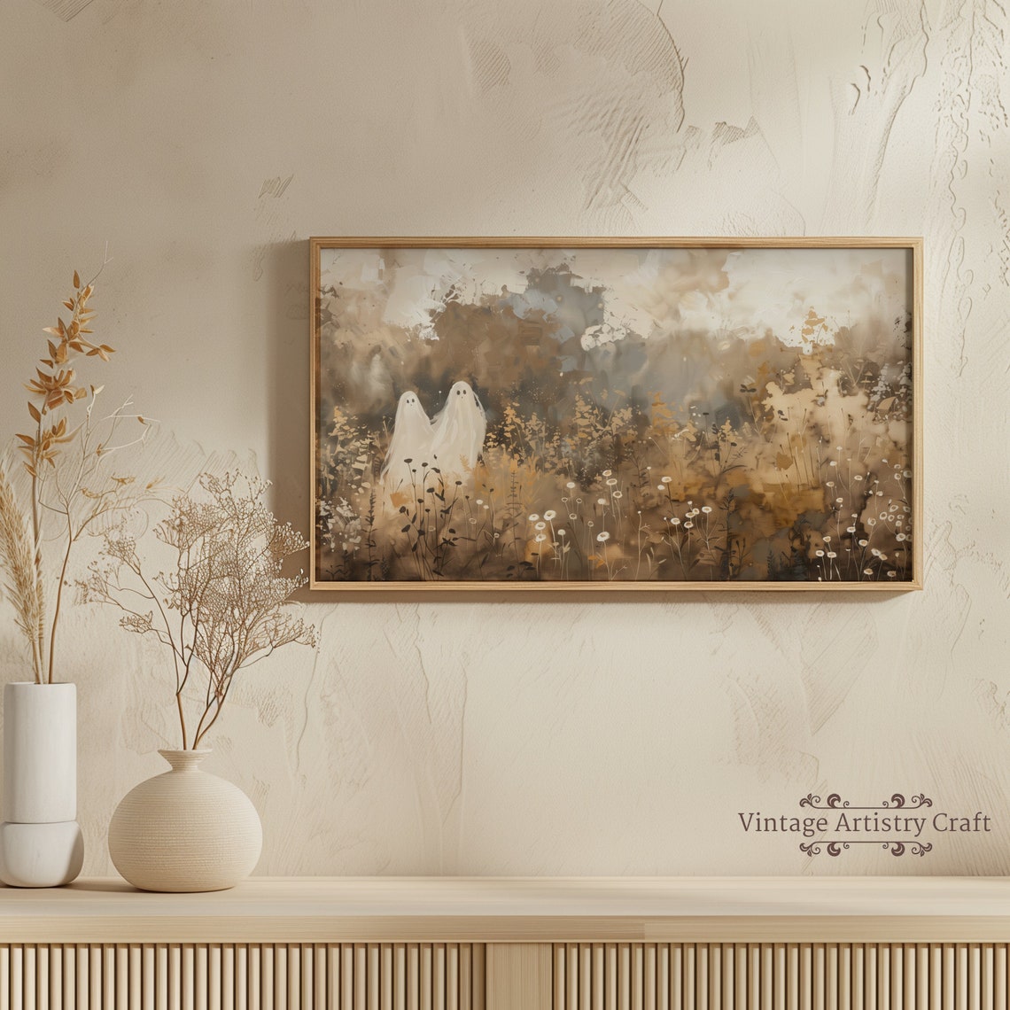 Two Cute Ghosts Autumn Meadow Wildflower Halloween Watercolor Poster - Image 5