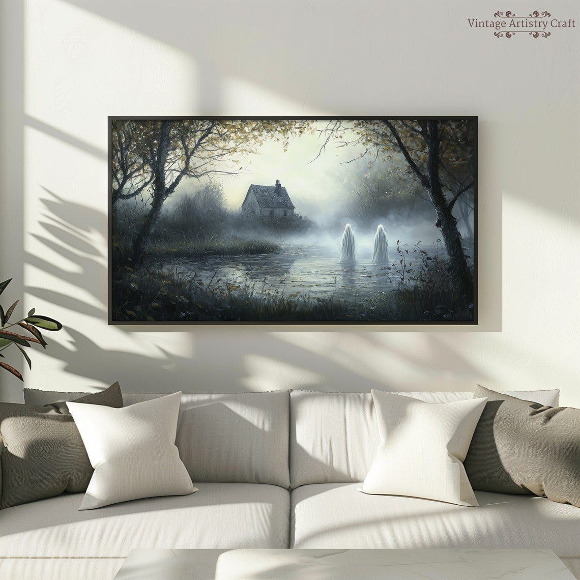 Misty Pond Cottage With Two Ghosts Eerie Water Landscape Poster - Image 2