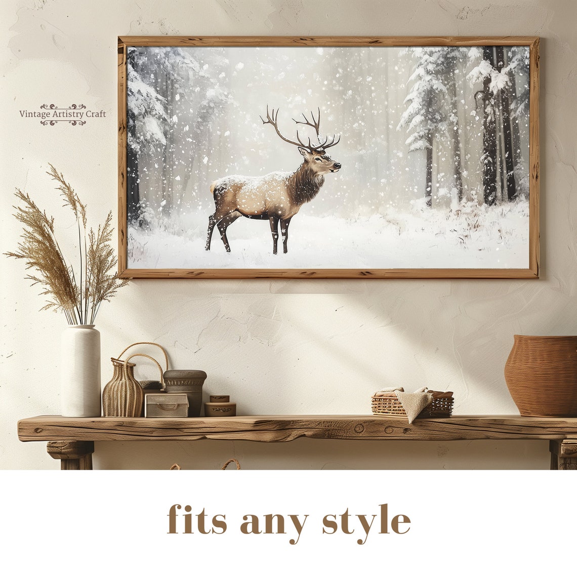 Majestic Elk In Falling Snow Silent Winter Forest Wildlife Poster - Image 8