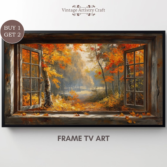 Rustic Window Autumn Forest View Fall Foliage Oil Painting Poster