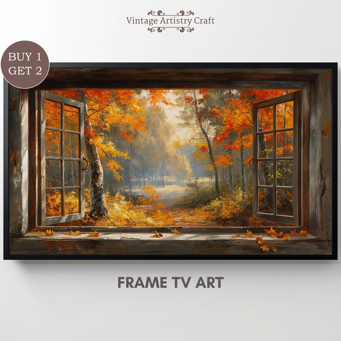 Rustic Window Autumn Forest View Fall Foliage Oil Painting Poster