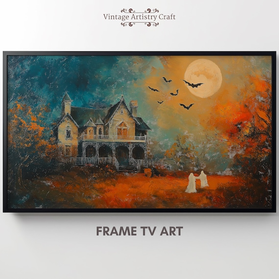 Victorian House Ghosts Bats Full Moon Orange Teal Halloween Poster