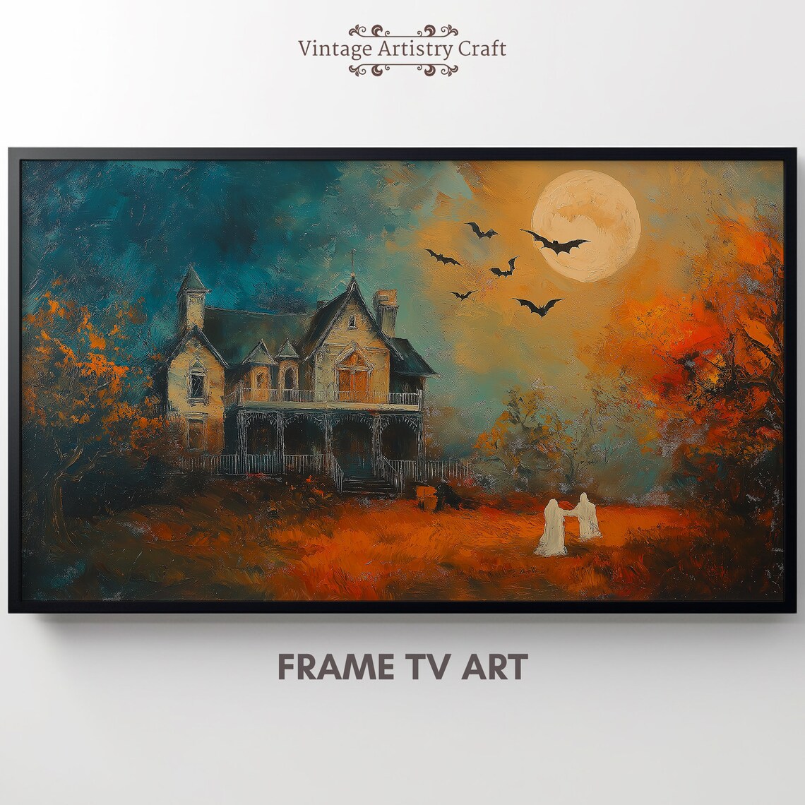 Victorian House Ghosts Bats Full Moon Orange Teal Halloween Poster