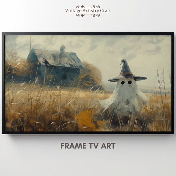 Cute Little Ghost Wearing Witch Hat Golden Fall Field Halloween Poster