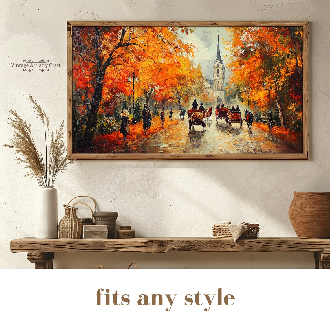 Textured Autumn Horse Carriage Vintage Oil Art Print - Image 8