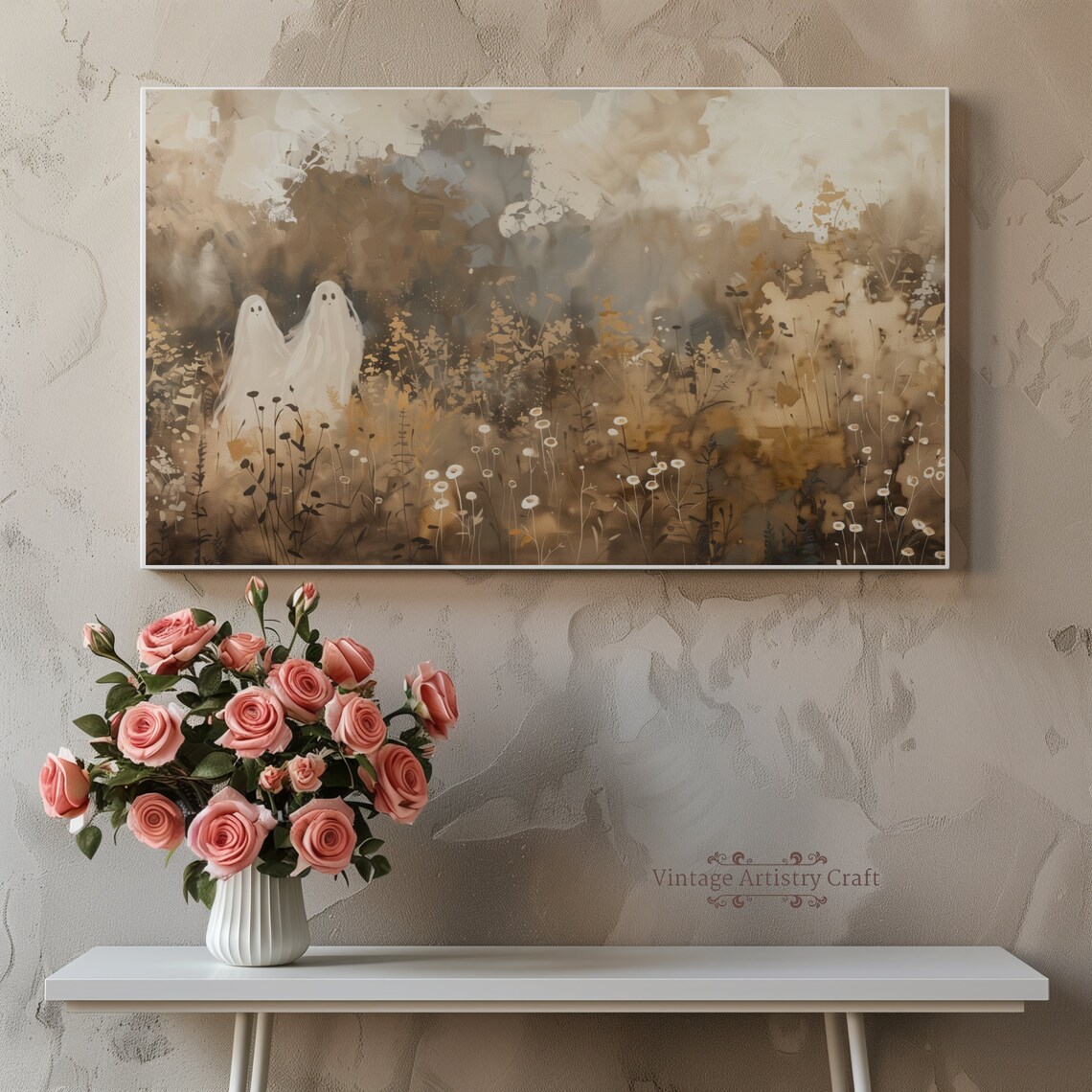 Two Cute Ghosts Autumn Meadow Wildflower Halloween Watercolor Poster - Image 6