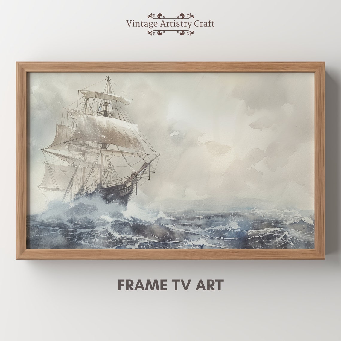 Tall Ship Stormy Sea Muted Nautical Watercolor Coastal Poster