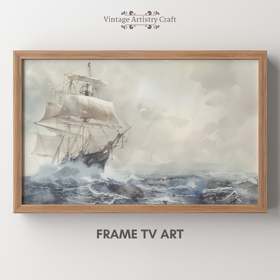 Tall Ship Stormy Sea Muted Nautical Watercolor Coastal Poster