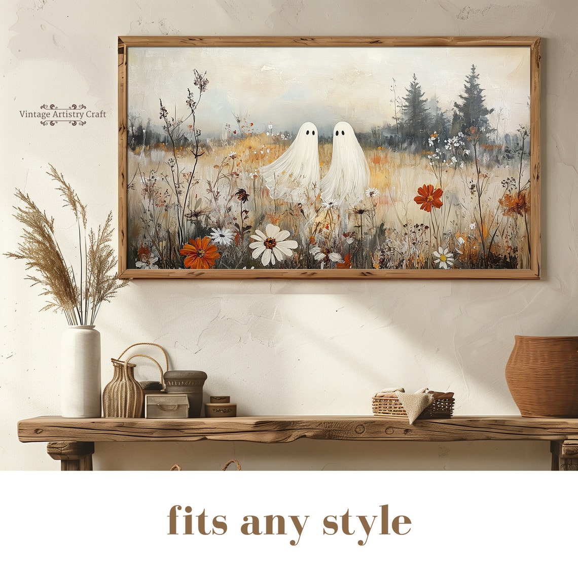 Cute Ghost Pair Autumn Wildflower Meadow Halloween Vintage Poster - Image 5