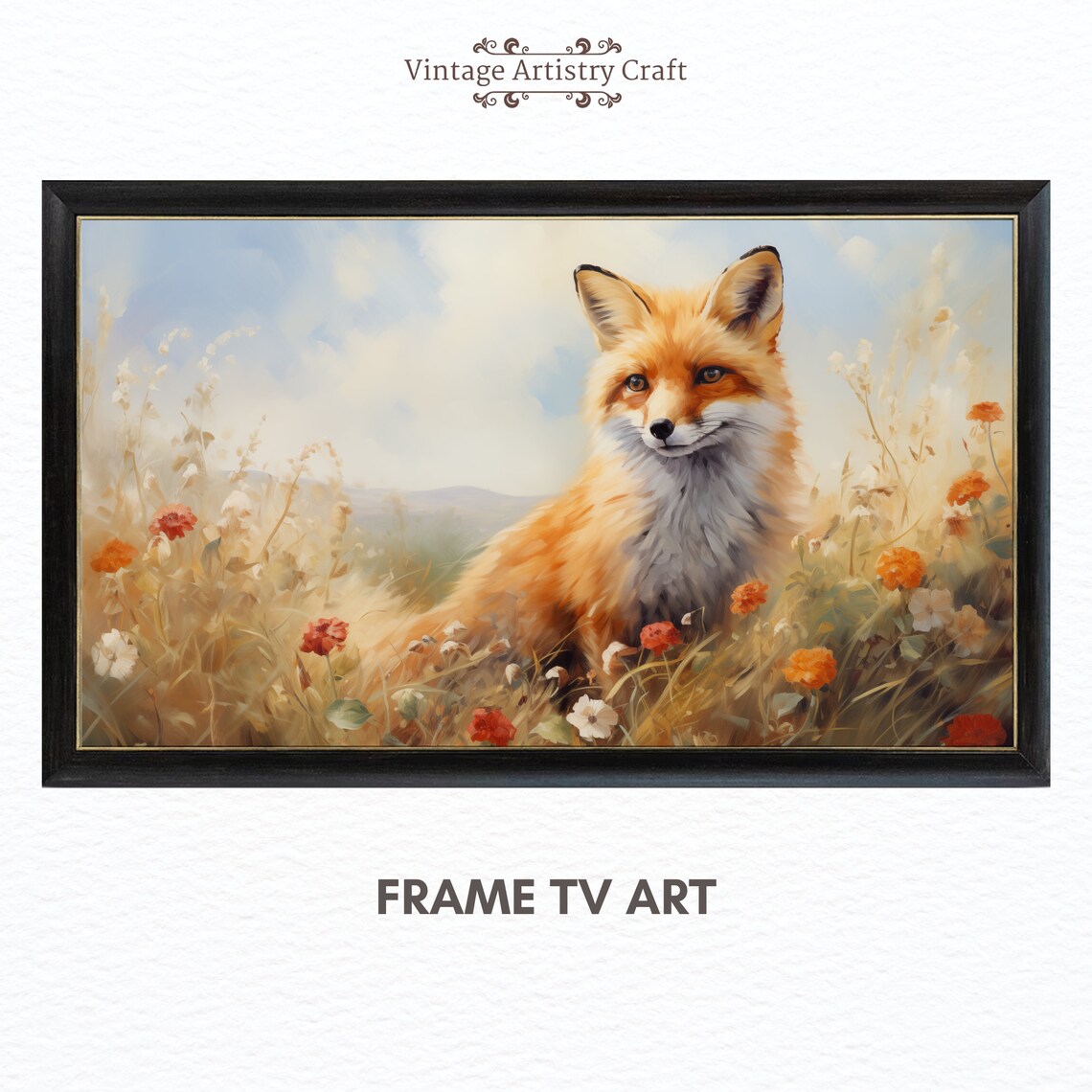 Red Fox In Wildflower Meadow Sunny Countryside Portrait Poster - Image 2